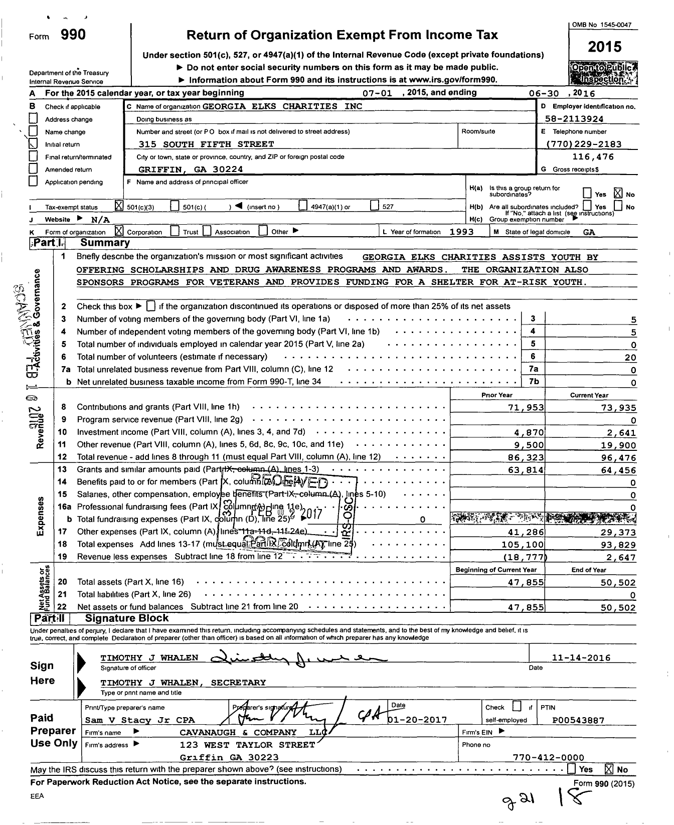 Image of first page of 2015 Form 990 for Georgia Elks Charities