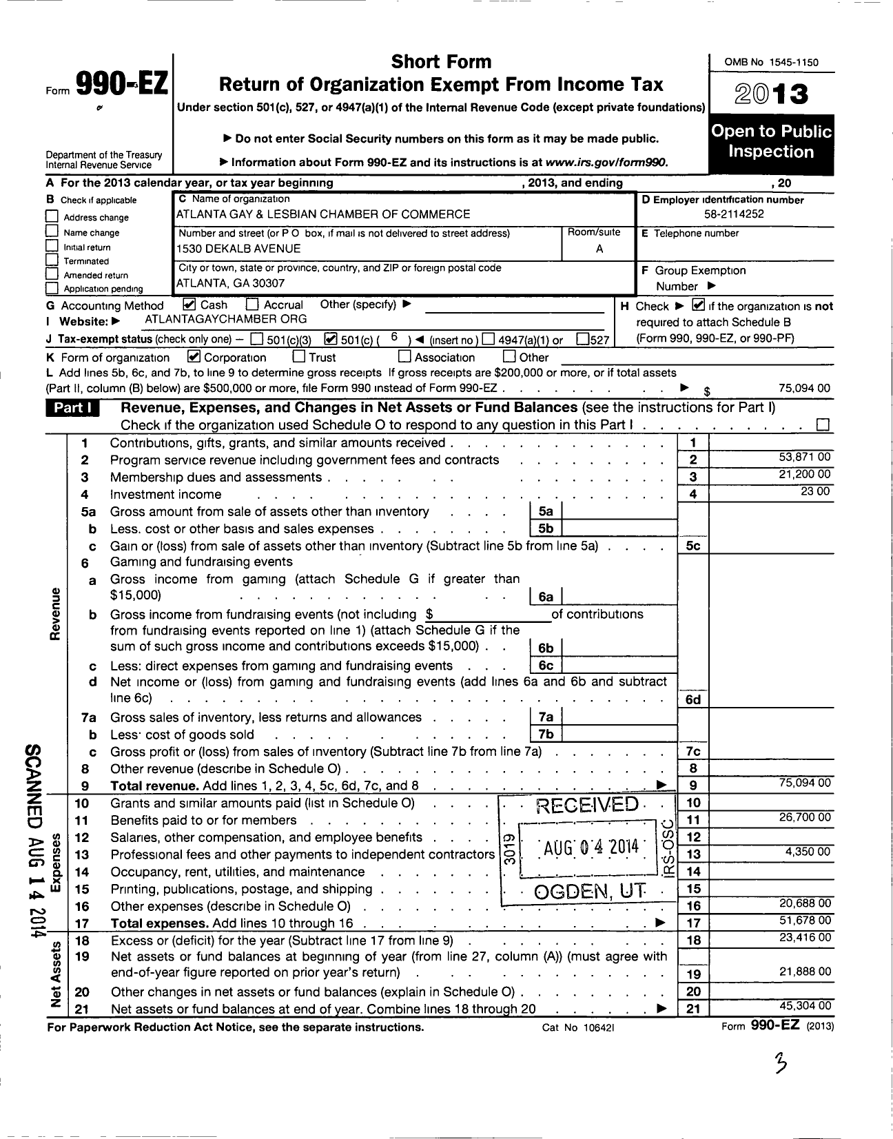 Image of first page of 2013 Form 990EO for Out Georgia Business Alliance