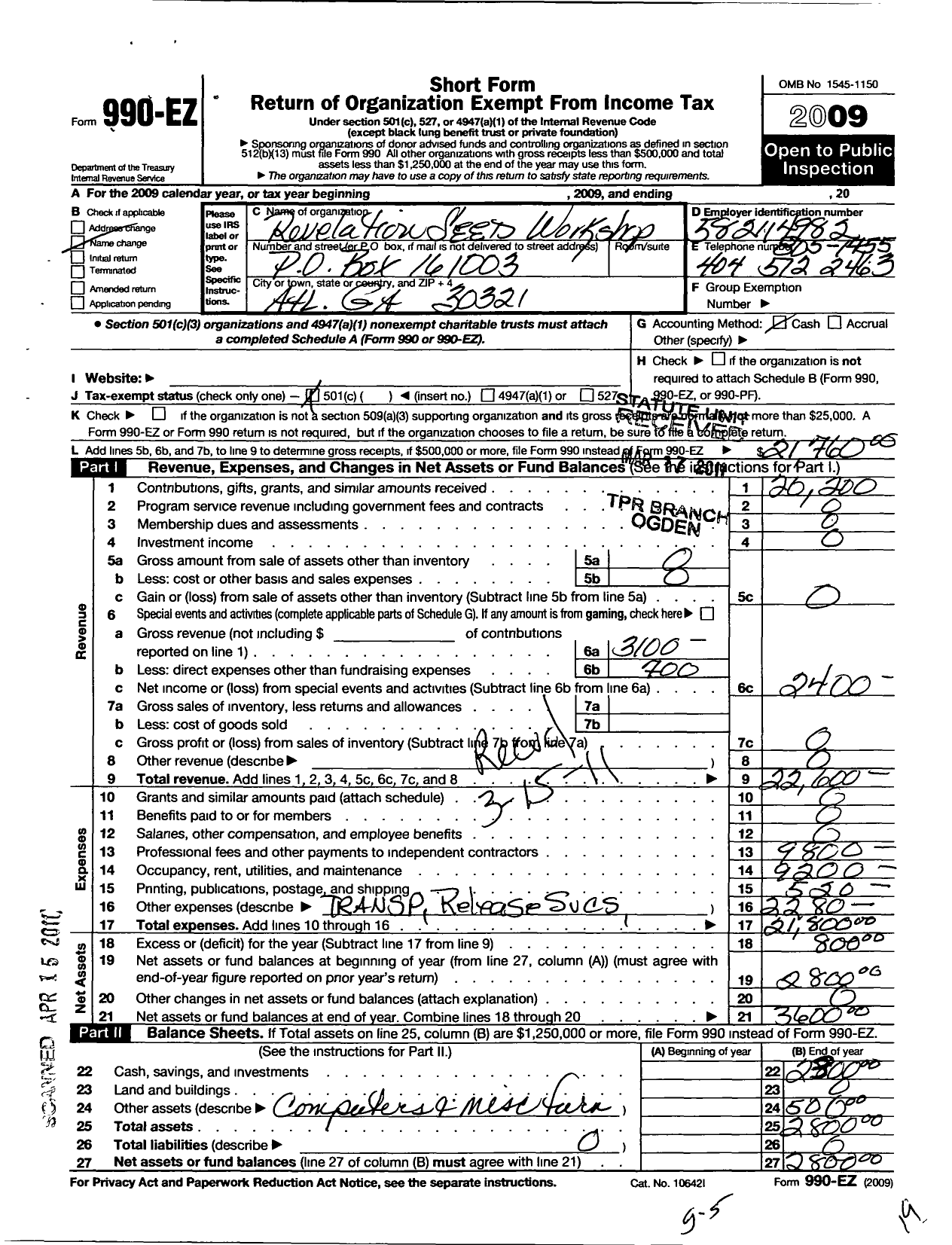 Image of first page of 2009 Form 990EO for Woman at the Well Transition Center