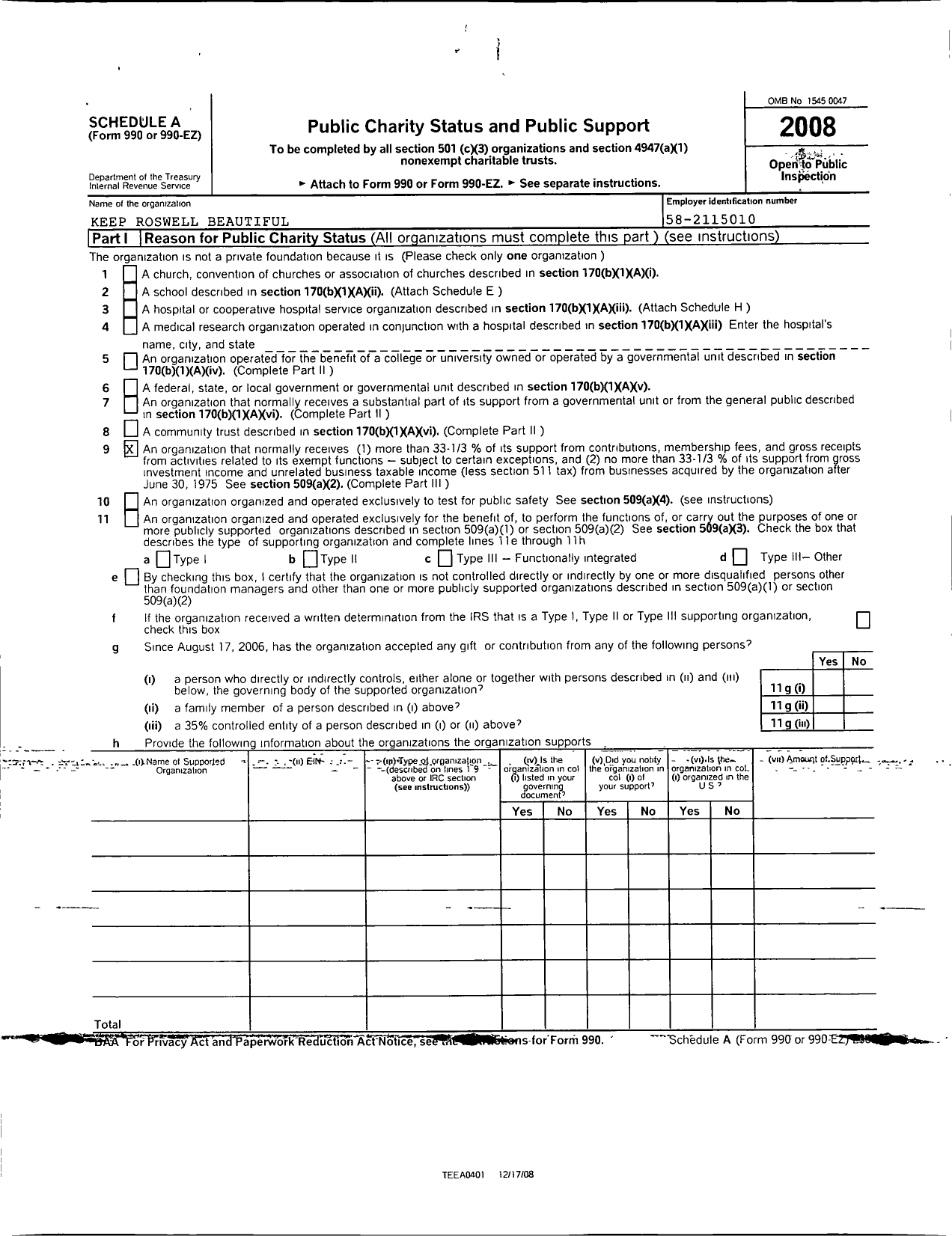 Image of first page of 2008 Form 990ER for Keep Roswell Beautiful