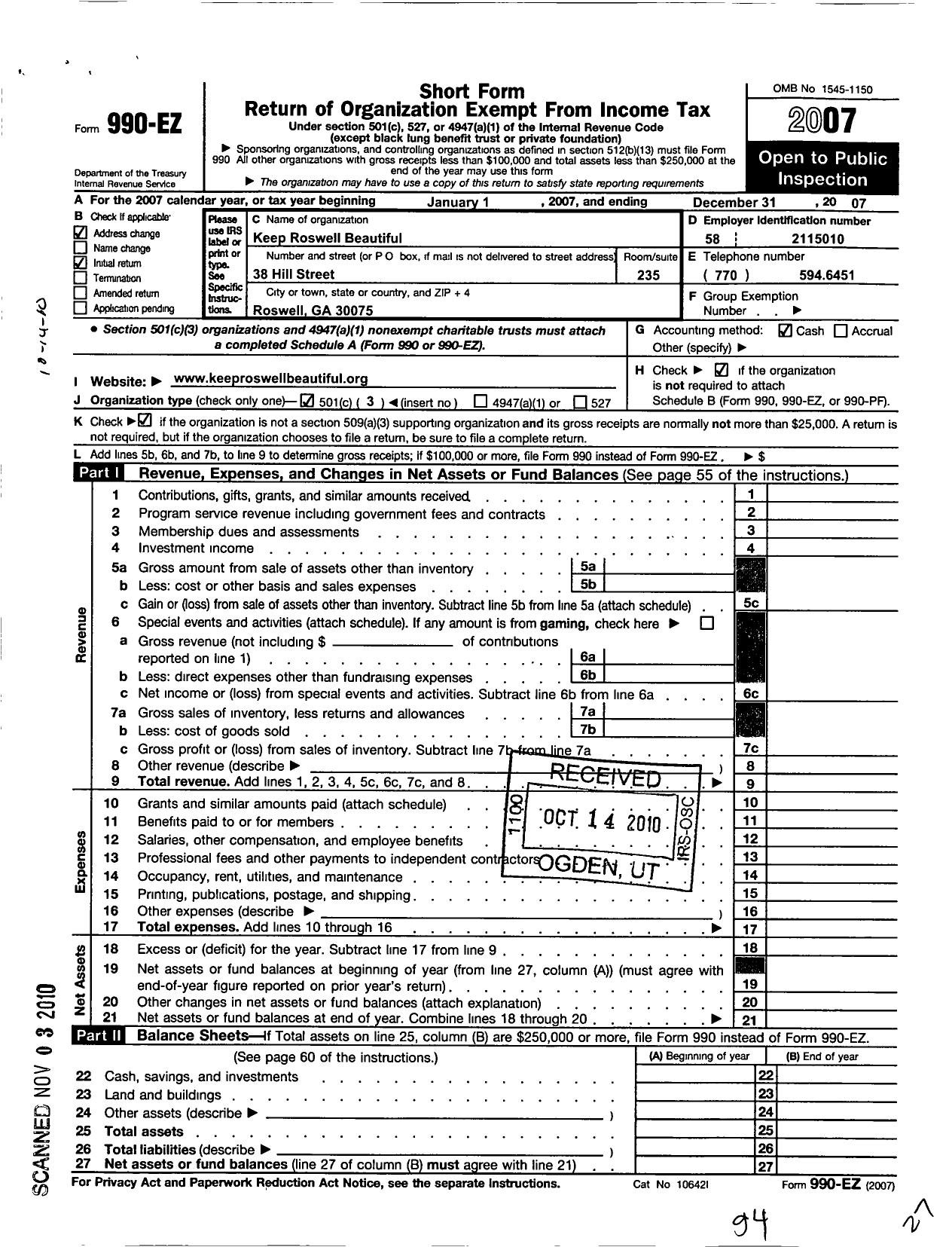 Image of first page of 2007 Form 990EZ for Keep Roswell Beautiful