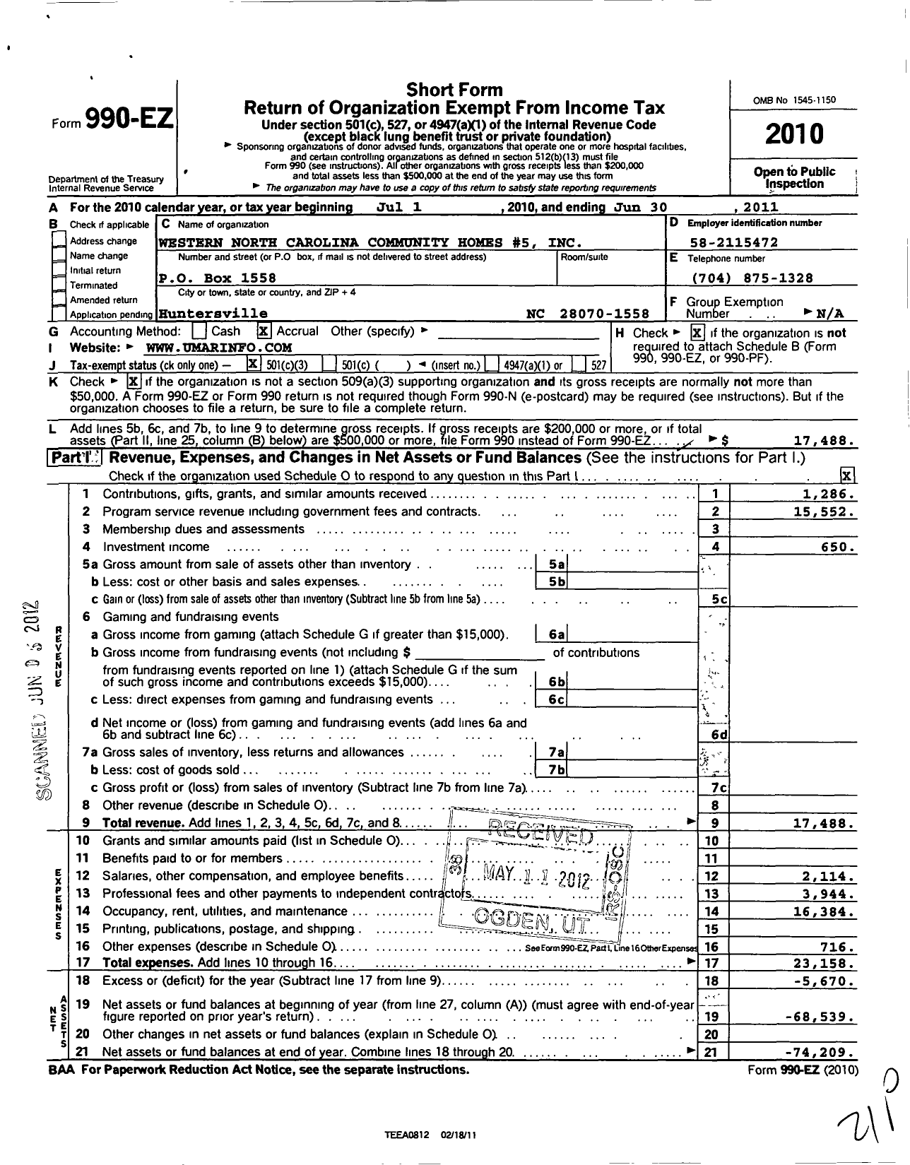 Image of first page of 2010 Form 990EZ for Western North Carolina Community Homes 5