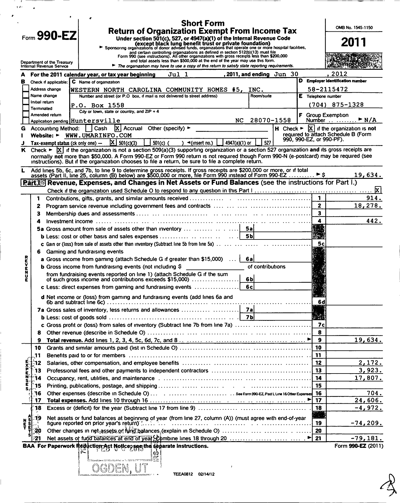 Image of first page of 2011 Form 990EZ for Western North Carolina Community Homes 5