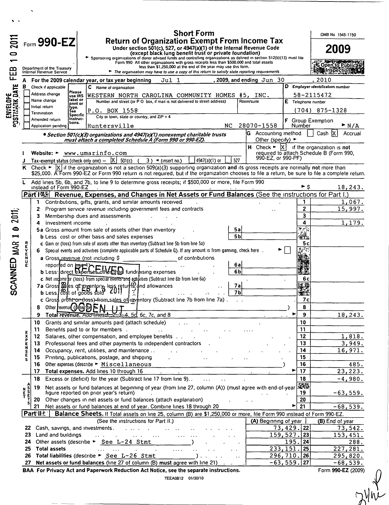 Image of first page of 2009 Form 990EZ for Western North Carolina Community Homes 5