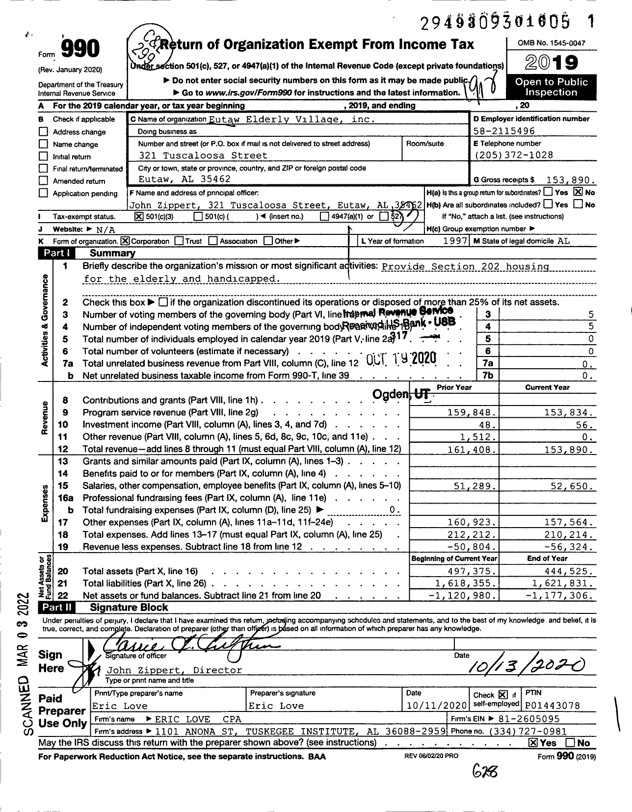 Image of first page of 2019 Form 990 for Eutaw Elderly Village