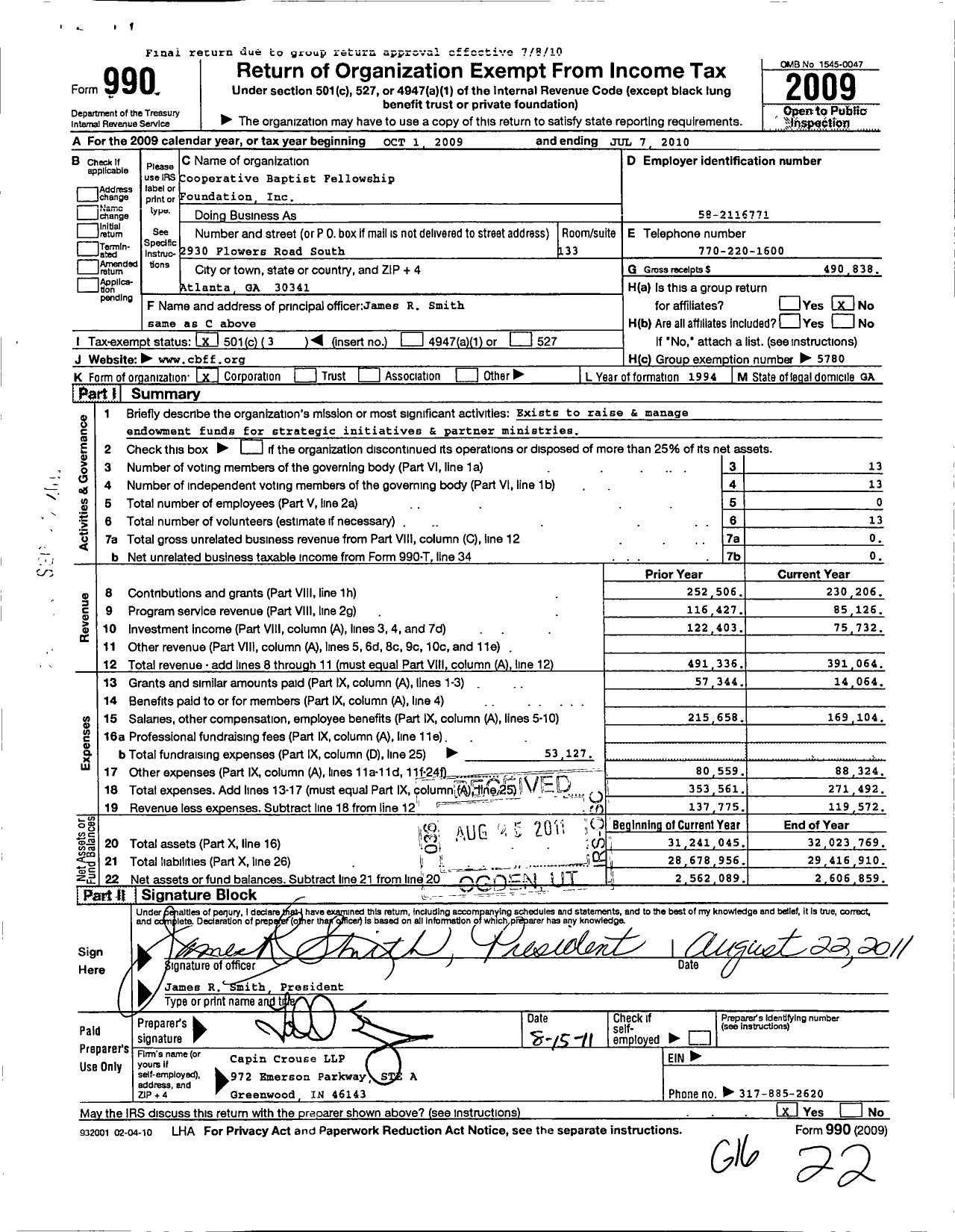 Image of first page of 2009 Form 990 for Cooperative Baptist Fellowship Foundation