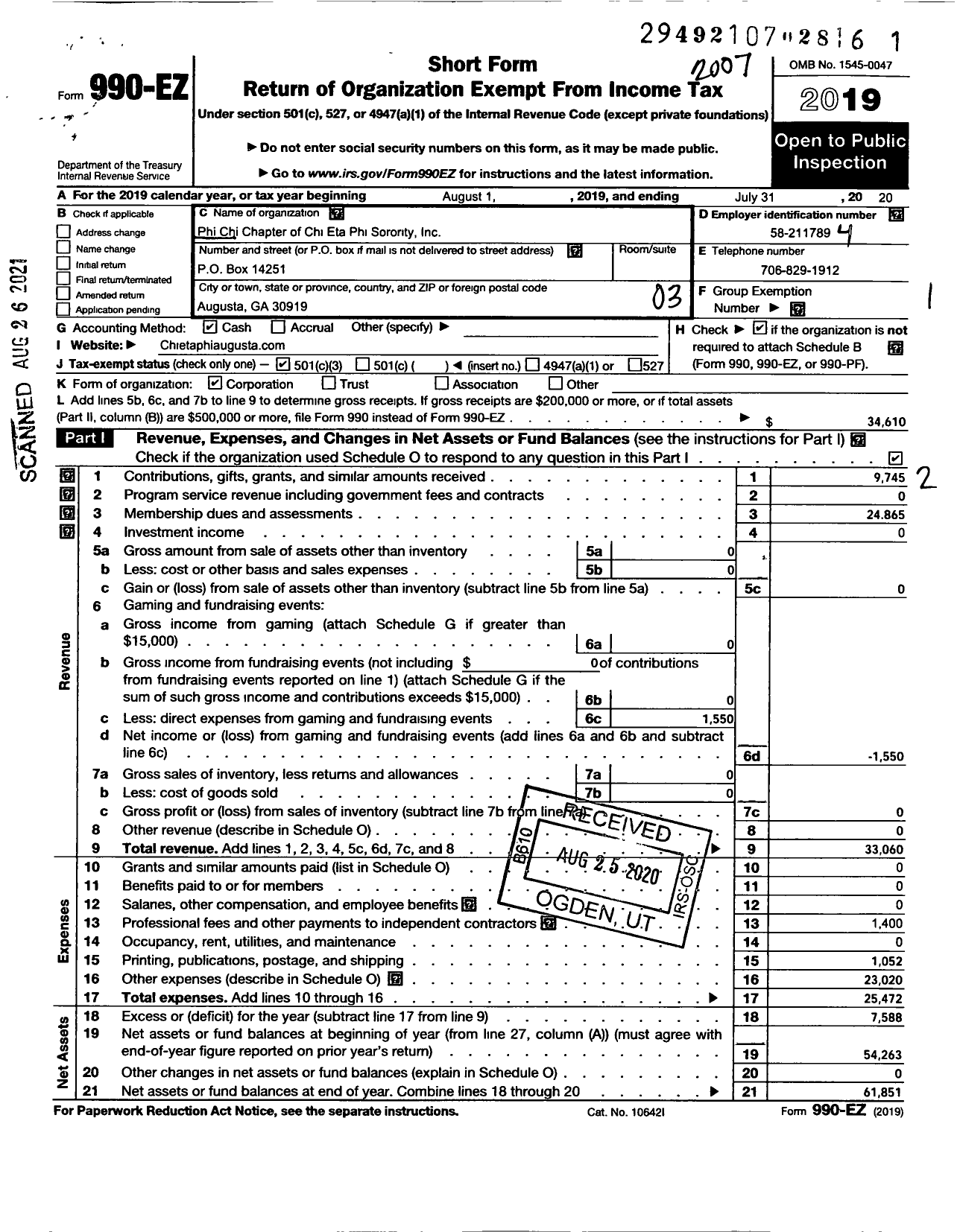 Image of first page of 2019 Form 990EZ for Phi Chi Chapter of Chi Eta Phi Sorority