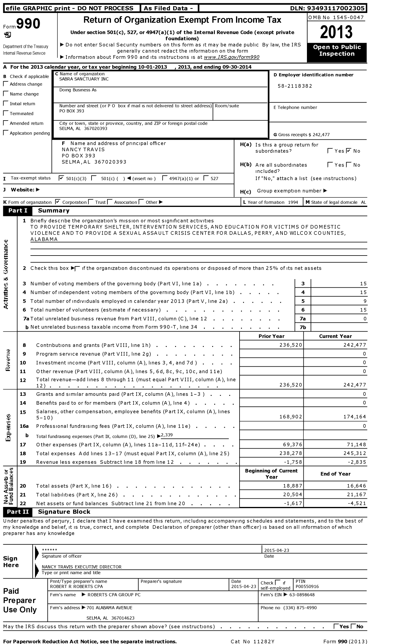 Image of first page of 2013 Form 990 for Sabra Sanctuary