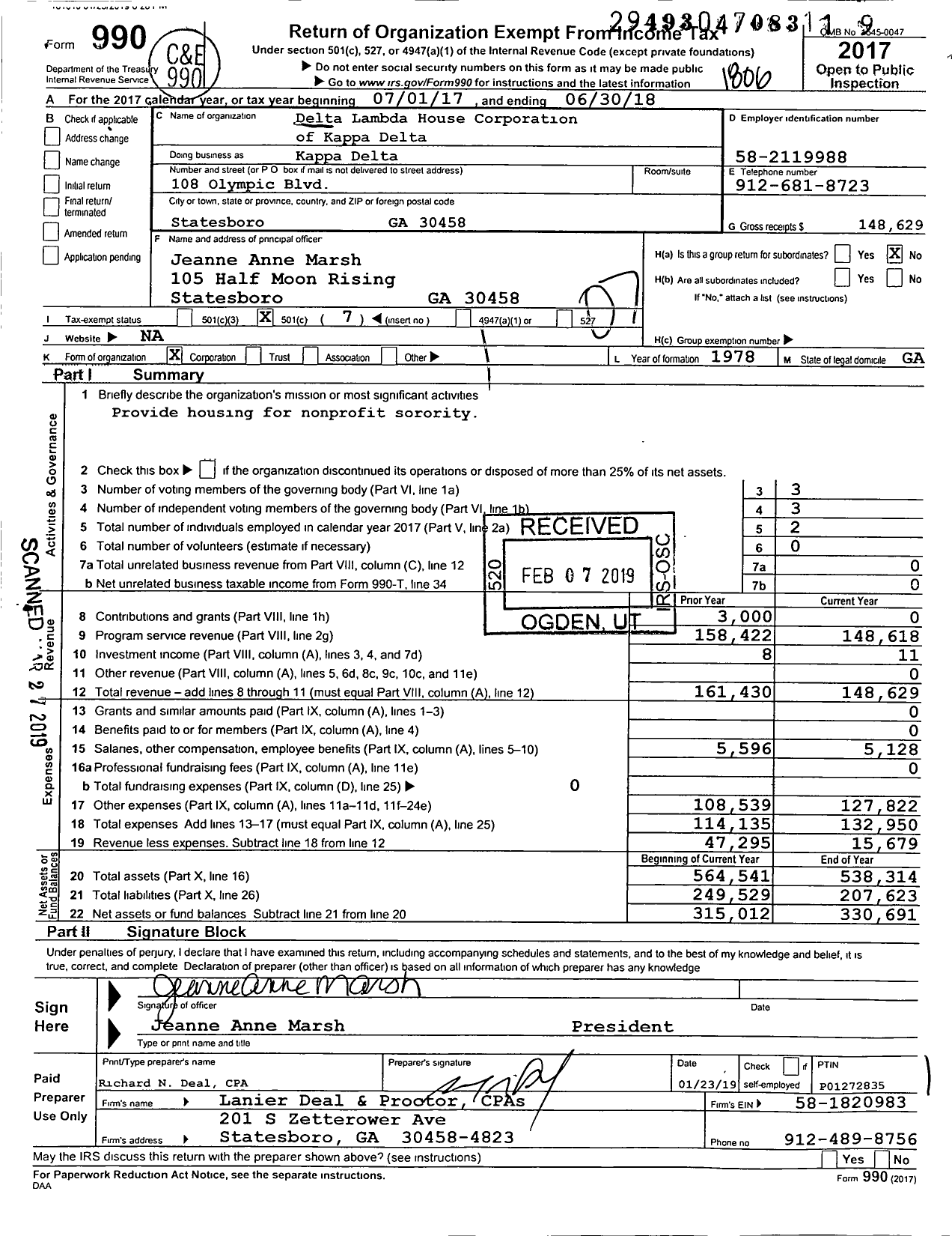 Image of first page of 2017 Form 990O for Delta Lambda House Corporation of Kappa Delta