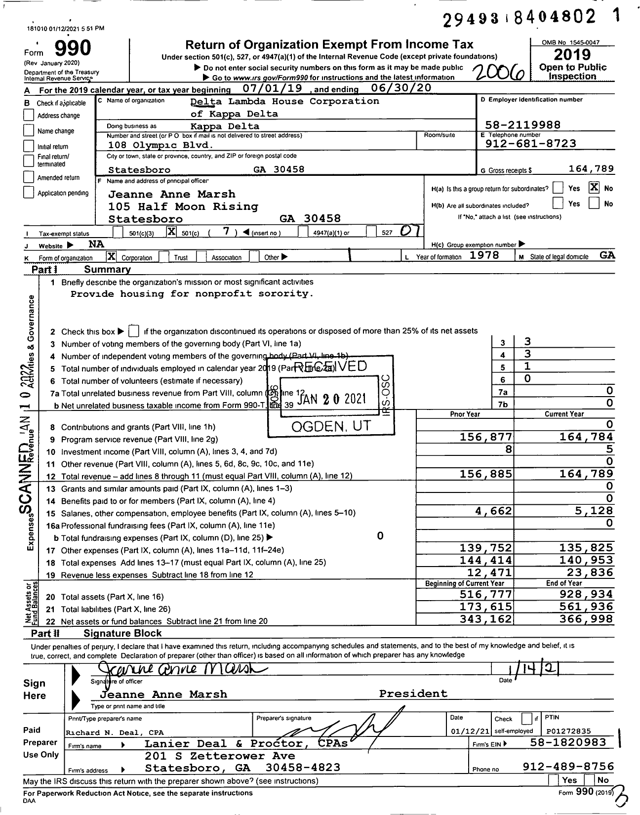 Image of first page of 2019 Form 990O for Delta Lambda House Corporation of Kappa Delta