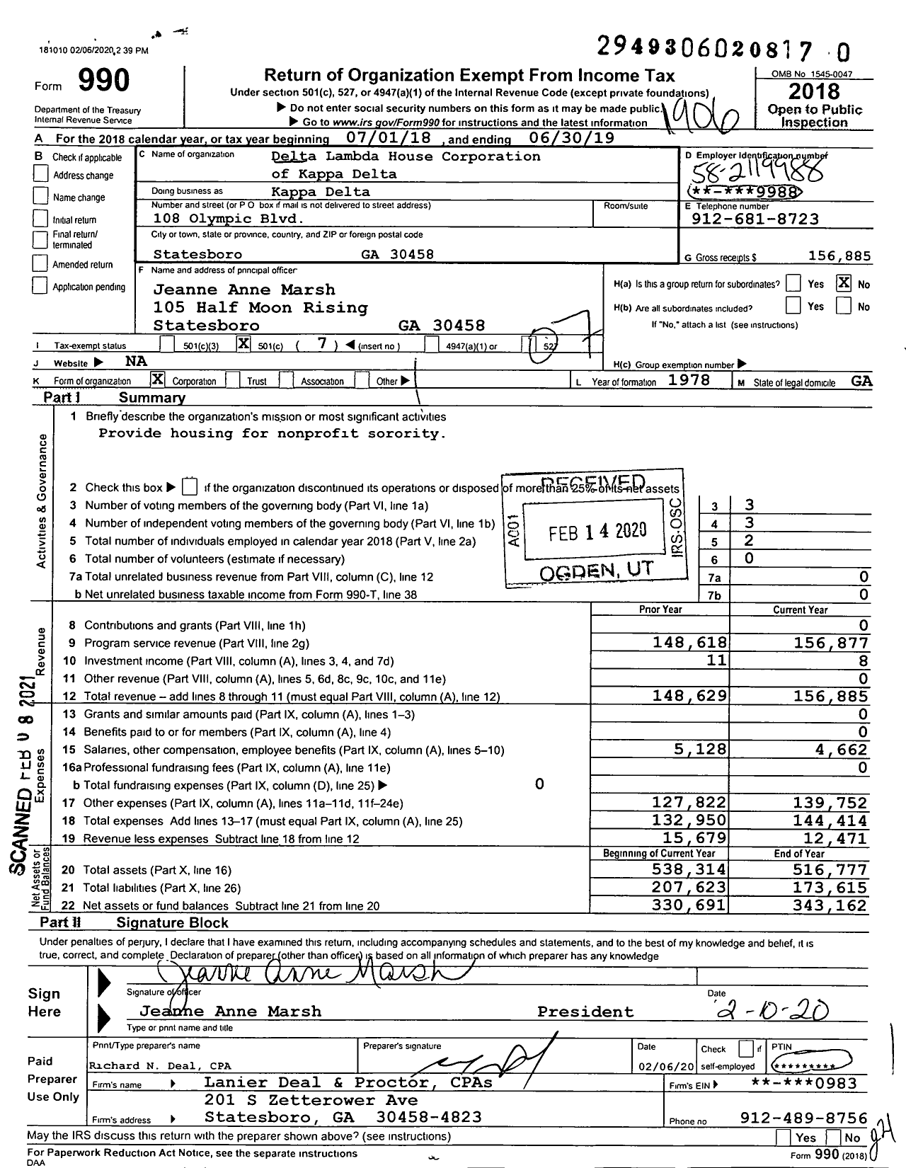 Image of first page of 2018 Form 990O for Delta Lambda House Corporation of Kappa Delta