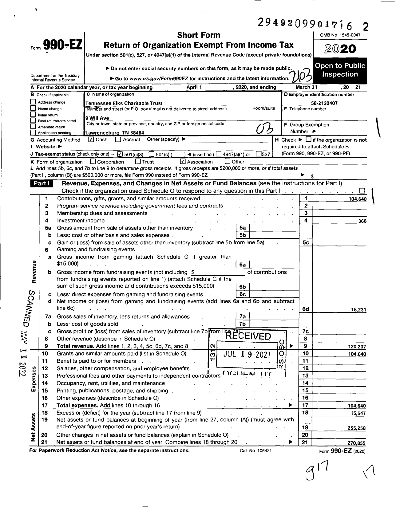 Image of first page of 2020 Form 990EZ for Tennessee Elks Charitable Trust