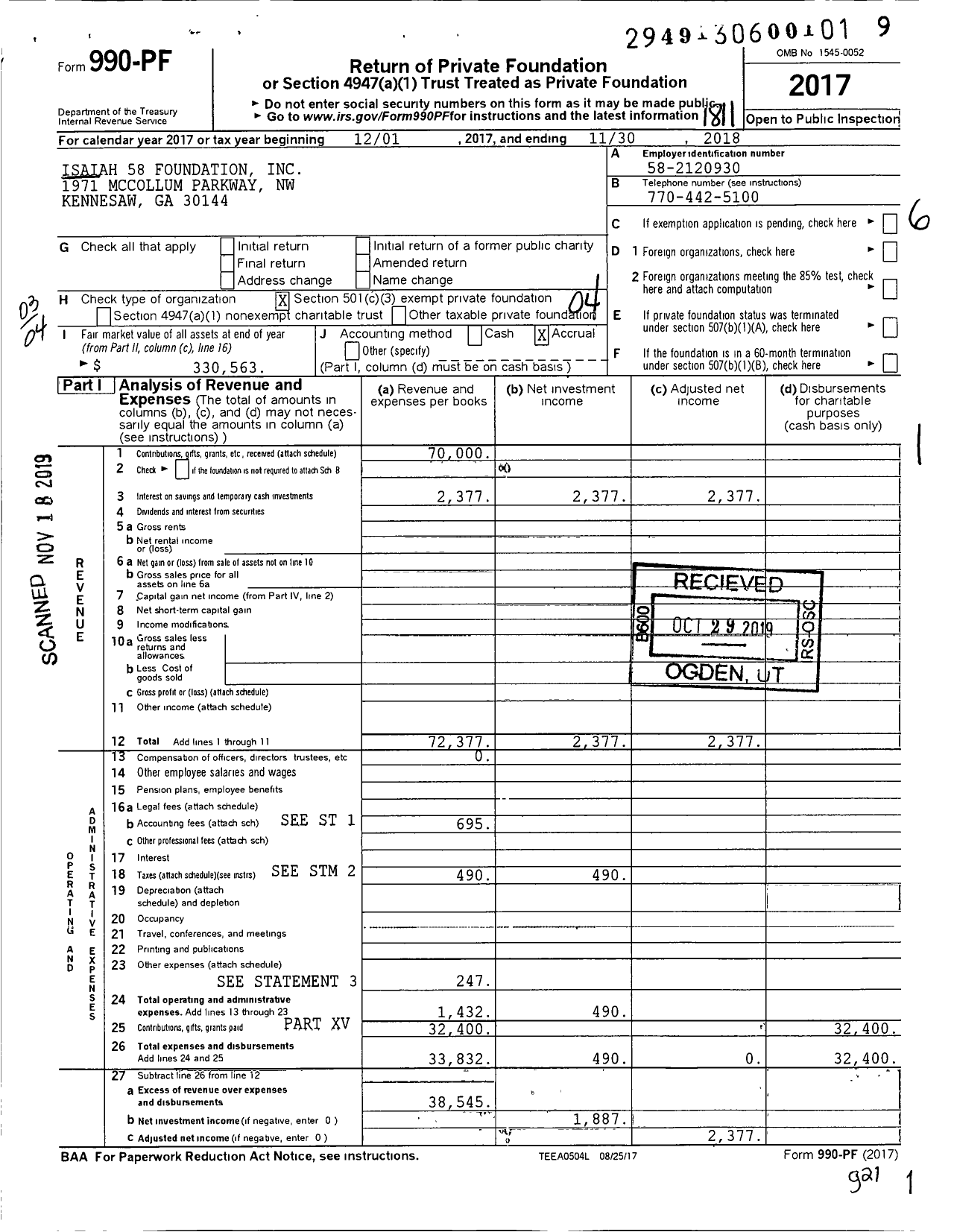 Image of first page of 2017 Form 990PF for Isaiah 58 Foundation