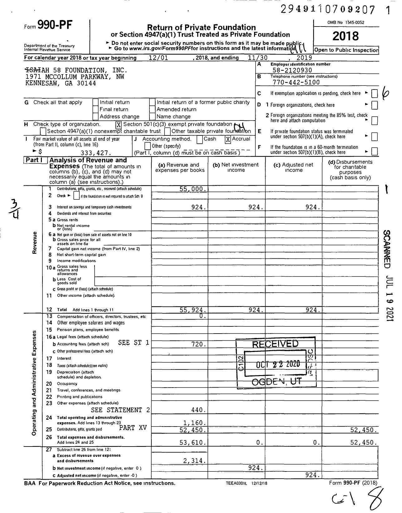 Image of first page of 2018 Form 990PF for Isaiah 58 Foundation