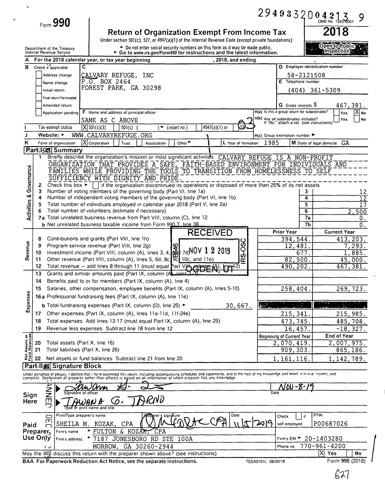 Image of first page of 2018 Form 990 for Calvary Refuge