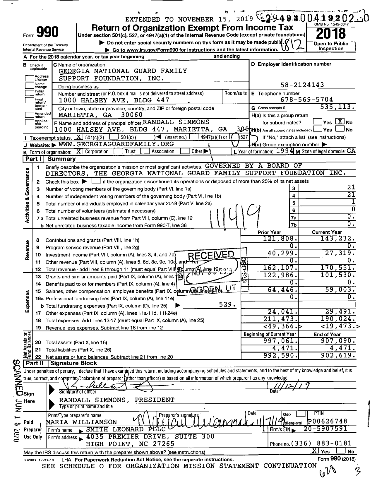 Image of first page of 2018 Form 990 for Georgia National Guard Family Support Foundation