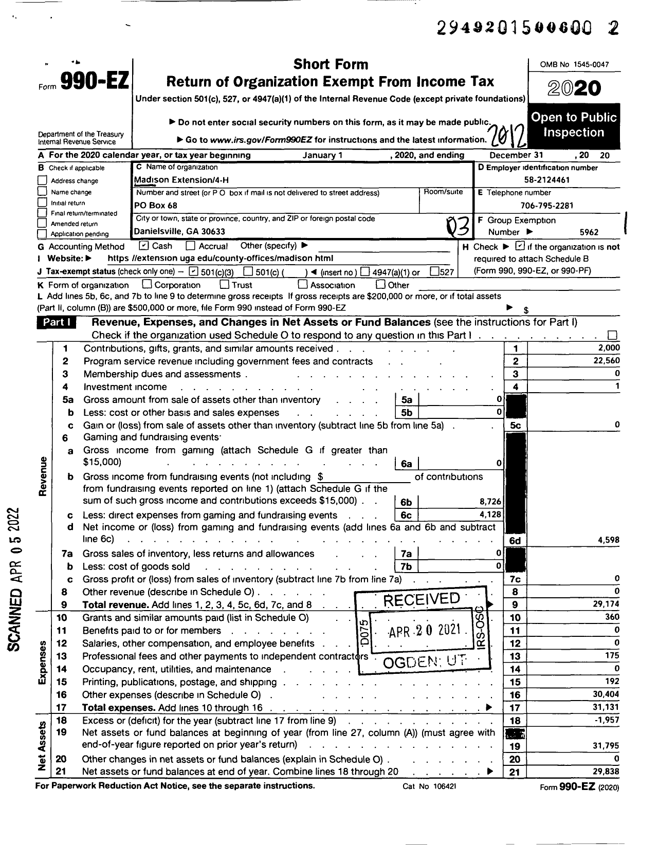 Image of first page of 2020 Form 990EZ for GEORGIA Extension 4-H FOUNDATION Madison County Extension 4-H