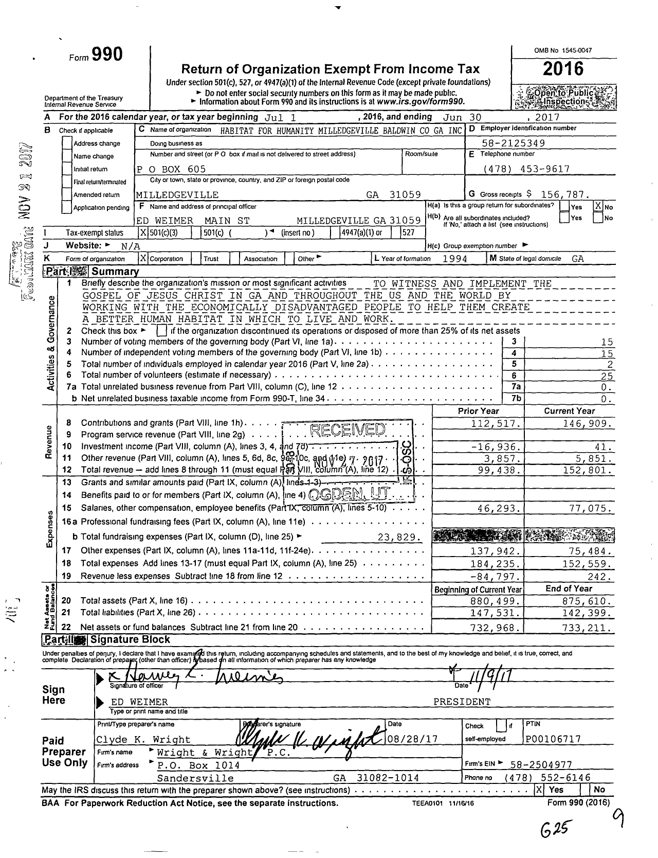 Image of first page of 2016 Form 990 for Habitat for Humanity Milledgeville Baldwin GA