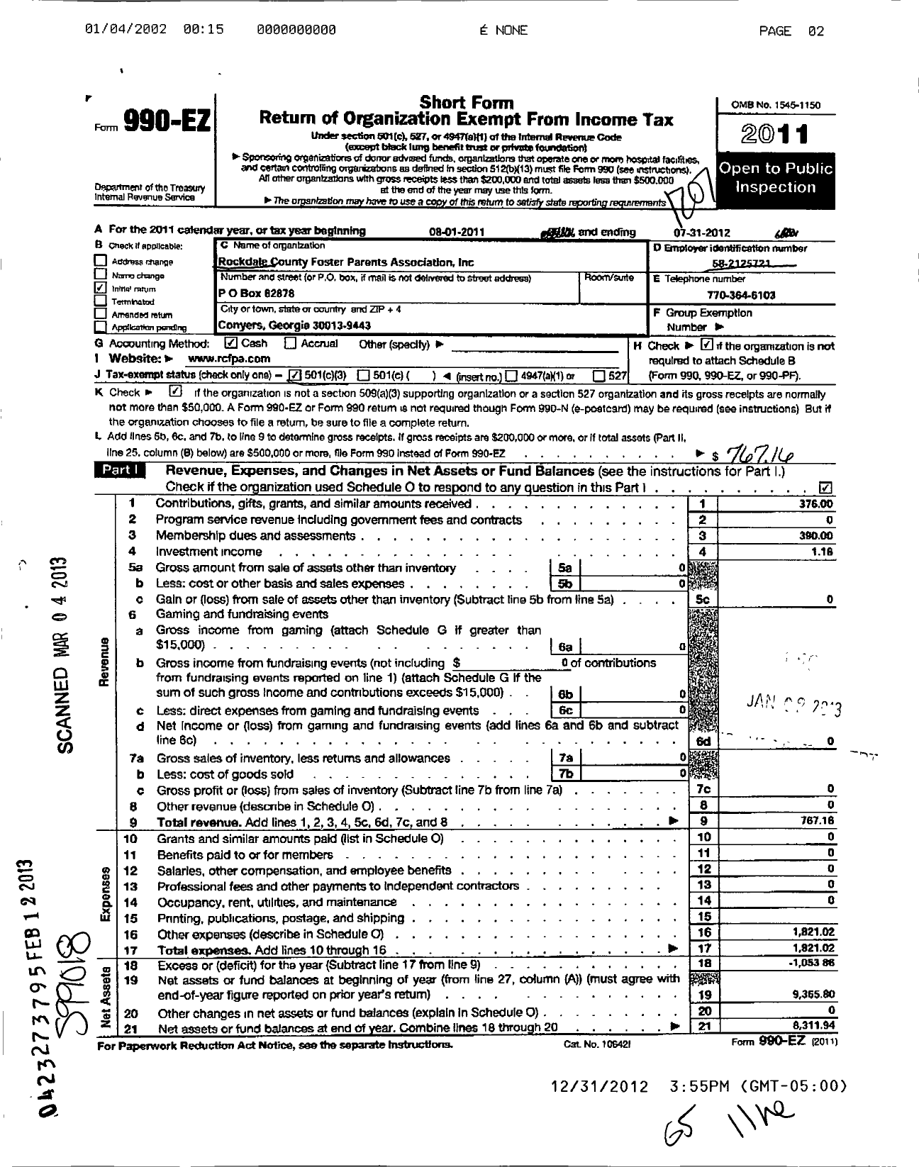 Image of first page of 2011 Form 990EZ for Rockdale County Foster Parents Association