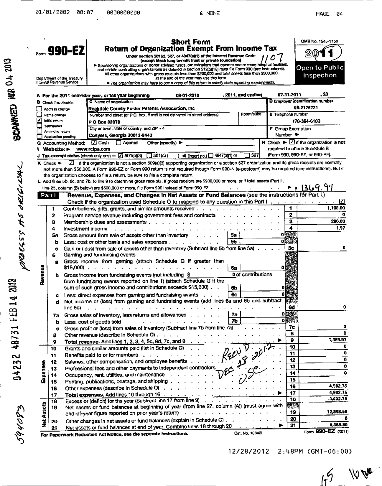 Image of first page of 2010 Form 990 for Rockdale County Foster Parents Association