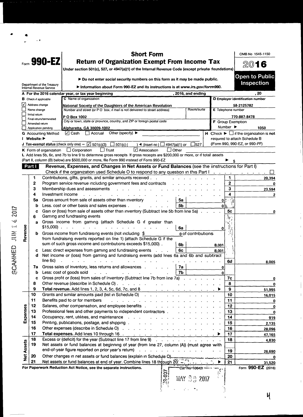 Image of first page of 2016 Form 990EZ for Daughters of the American Revolution - Martha Stewart Bulloch Dar