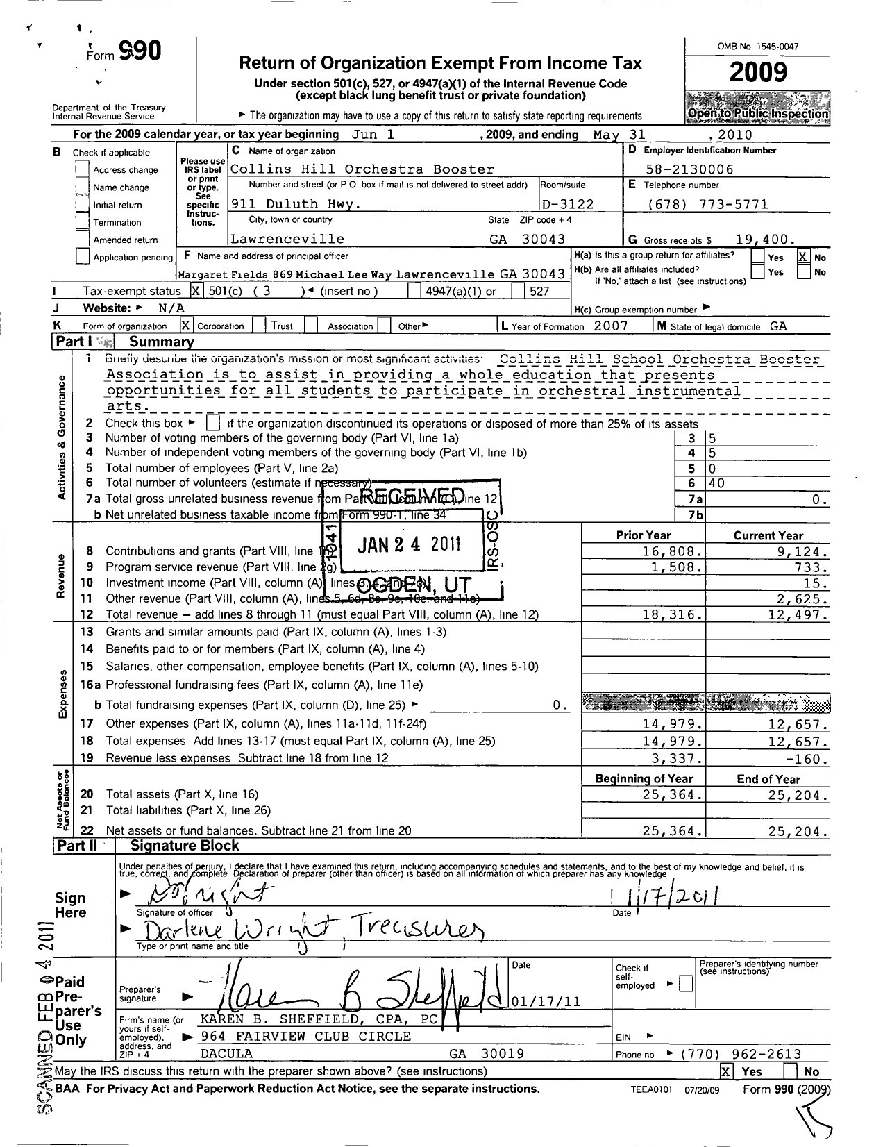 Image of first page of 2009 Form 990 for Collins Hill Orchestra Booster Association (CHOBA)