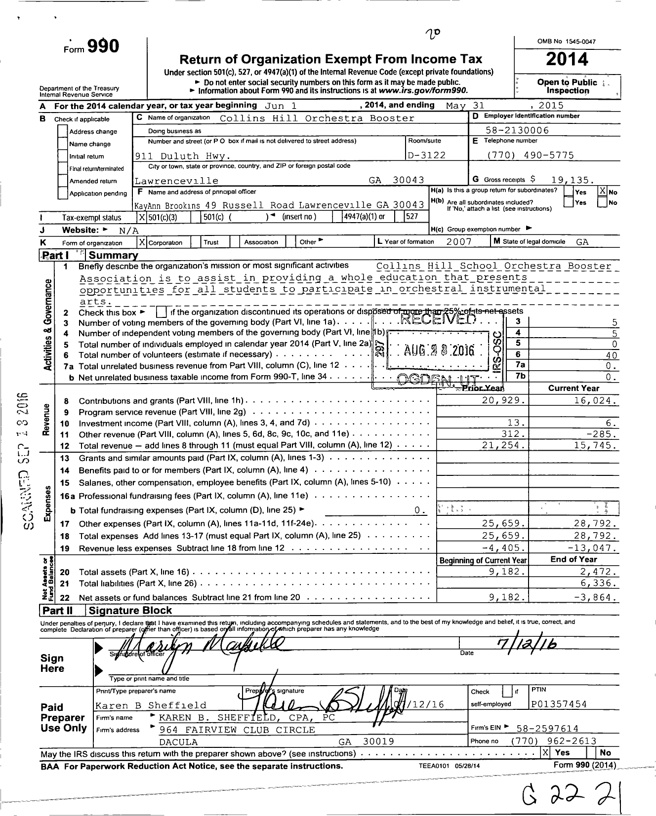 Image of first page of 2014 Form 990 for Collins Hill Orchestra Booster Association (CHOBA)