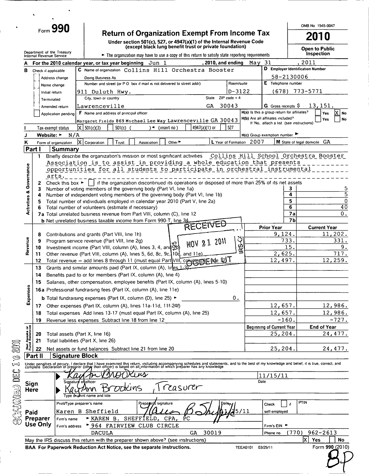 Image of first page of 2010 Form 990 for Collins Hill Orchestra Booster Association (CHOBA)