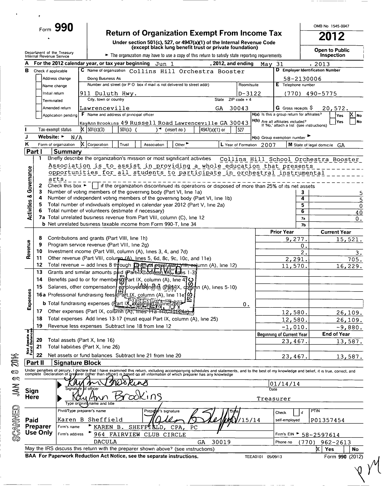 Image of first page of 2012 Form 990 for Collins Hill Orchestra Booster Association (CHOBA)