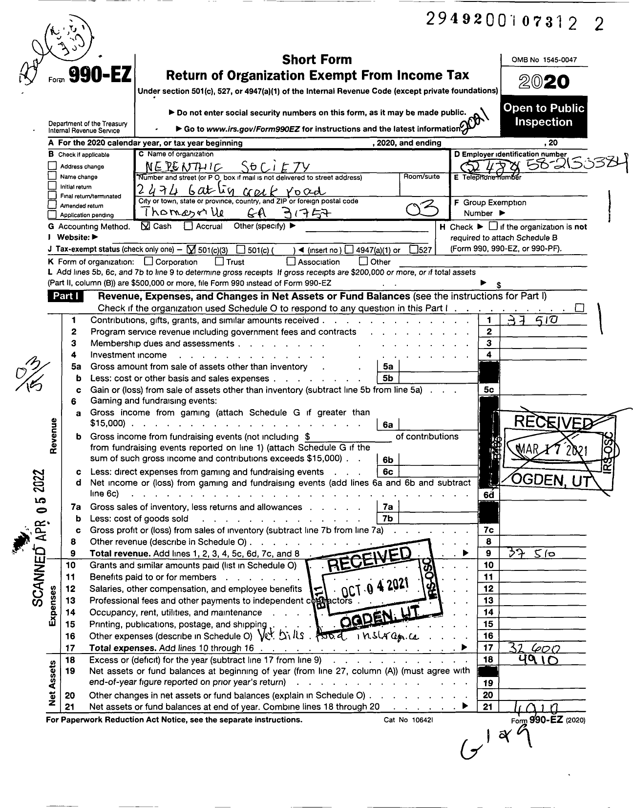 Image of first page of 2021 Form 990EZ for Nepenthic Society