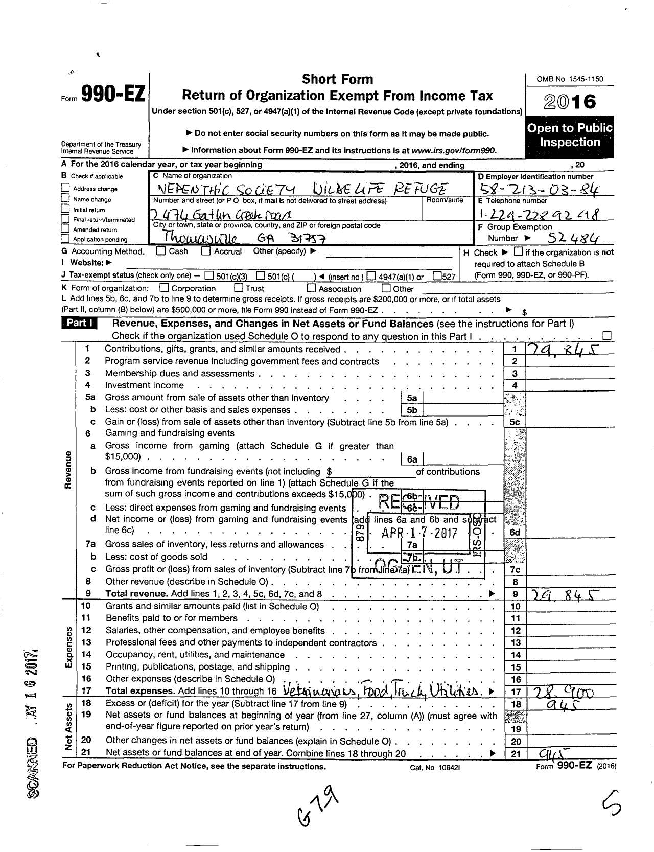 Image of first page of 2016 Form 990EO for Nepenthic Society