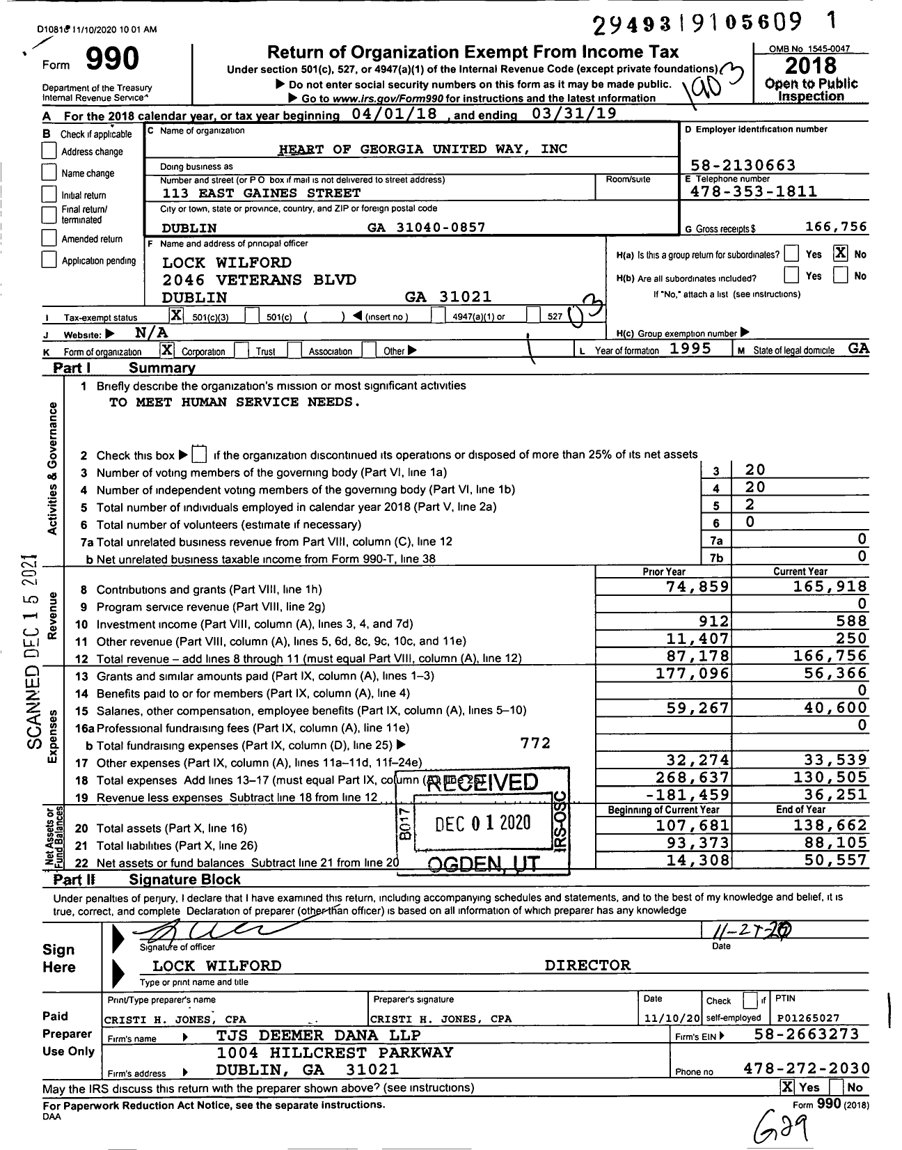 Image of first page of 2018 Form 990 for Heart of Georgia United Way