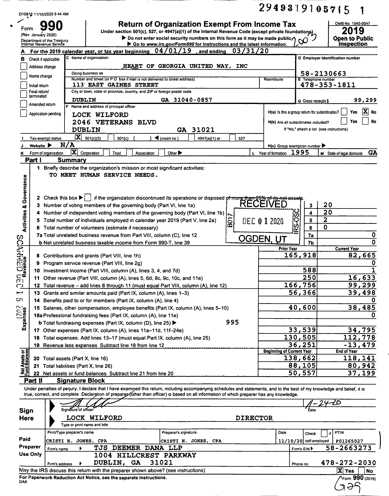 Image of first page of 2019 Form 990 for Heart of Georgia United Way