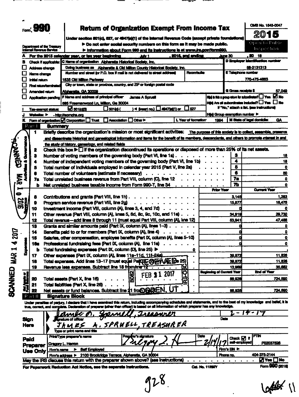 Image of first page of 2015 Form 990 for Alpharetta Historical Society