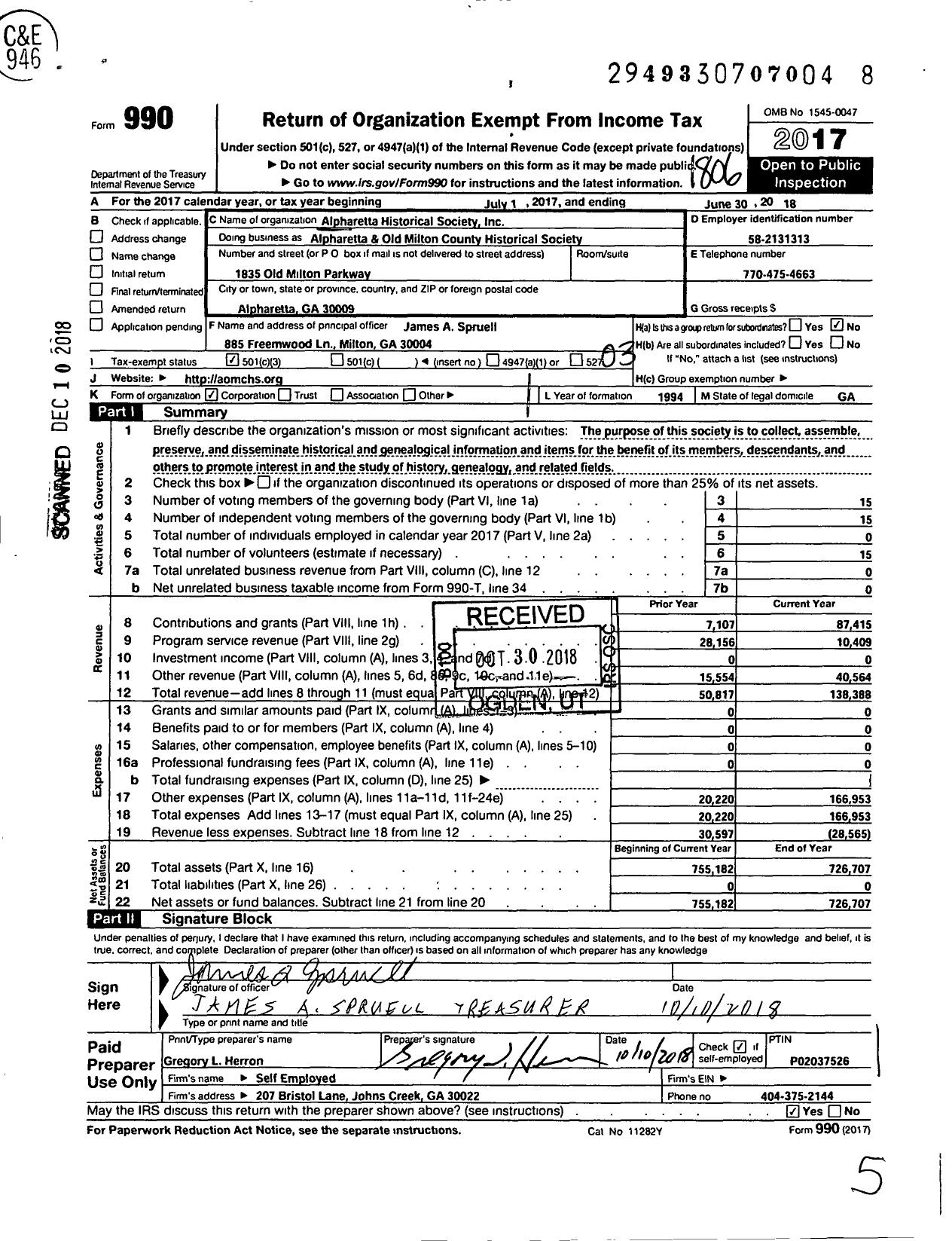 Image of first page of 2017 Form 990 for Alpharetta Historical Society