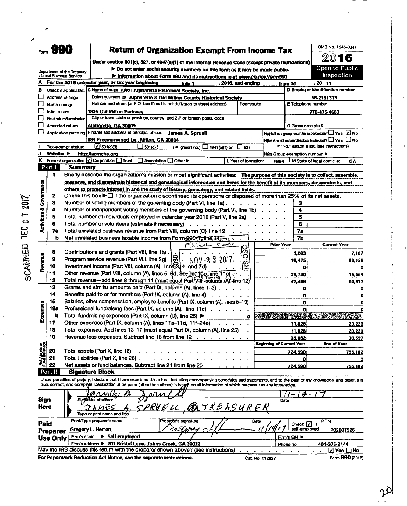 Image of first page of 2016 Form 990 for Alpharetta Historical Society