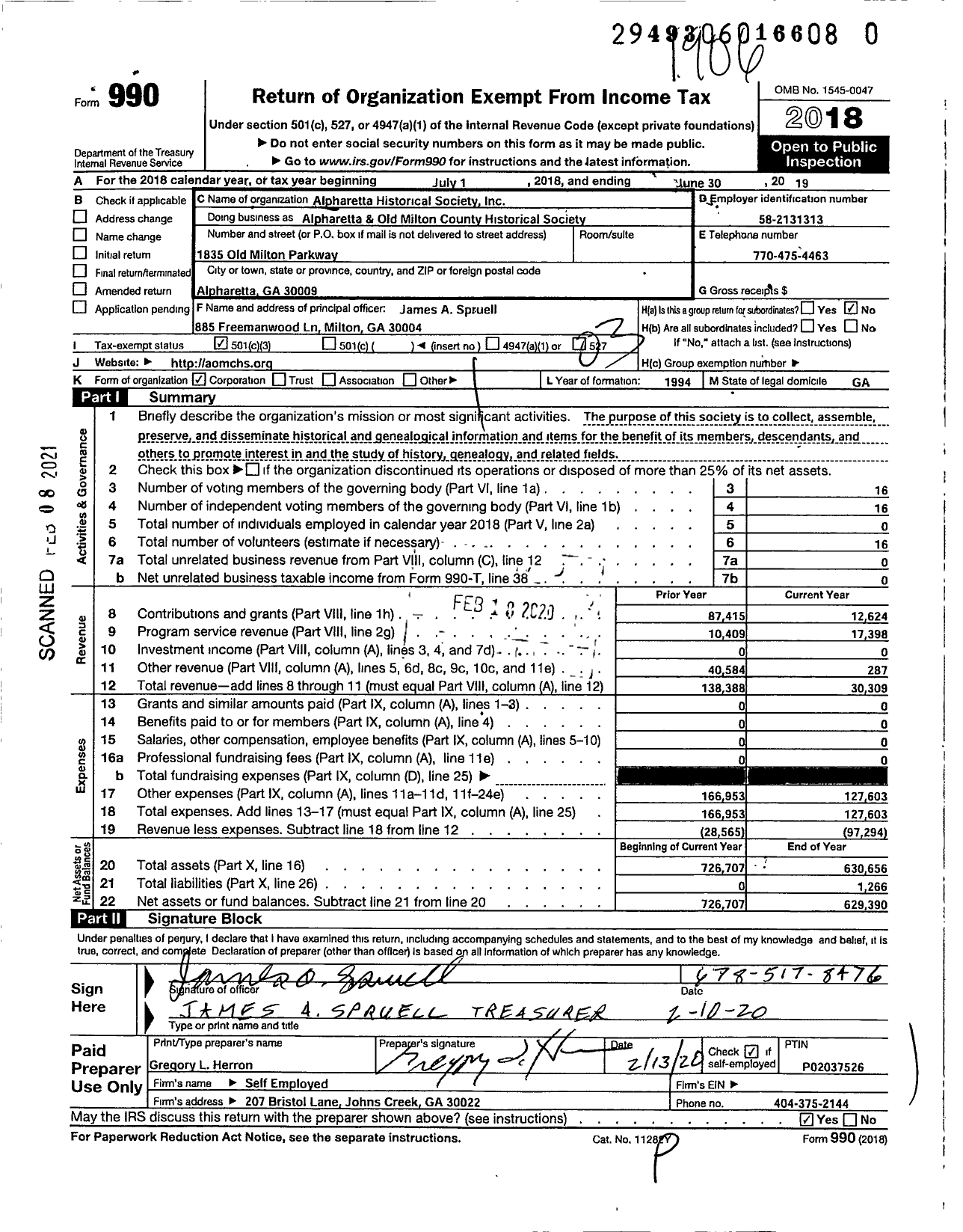 Image of first page of 2018 Form 990 for Alpharetta Historical Society