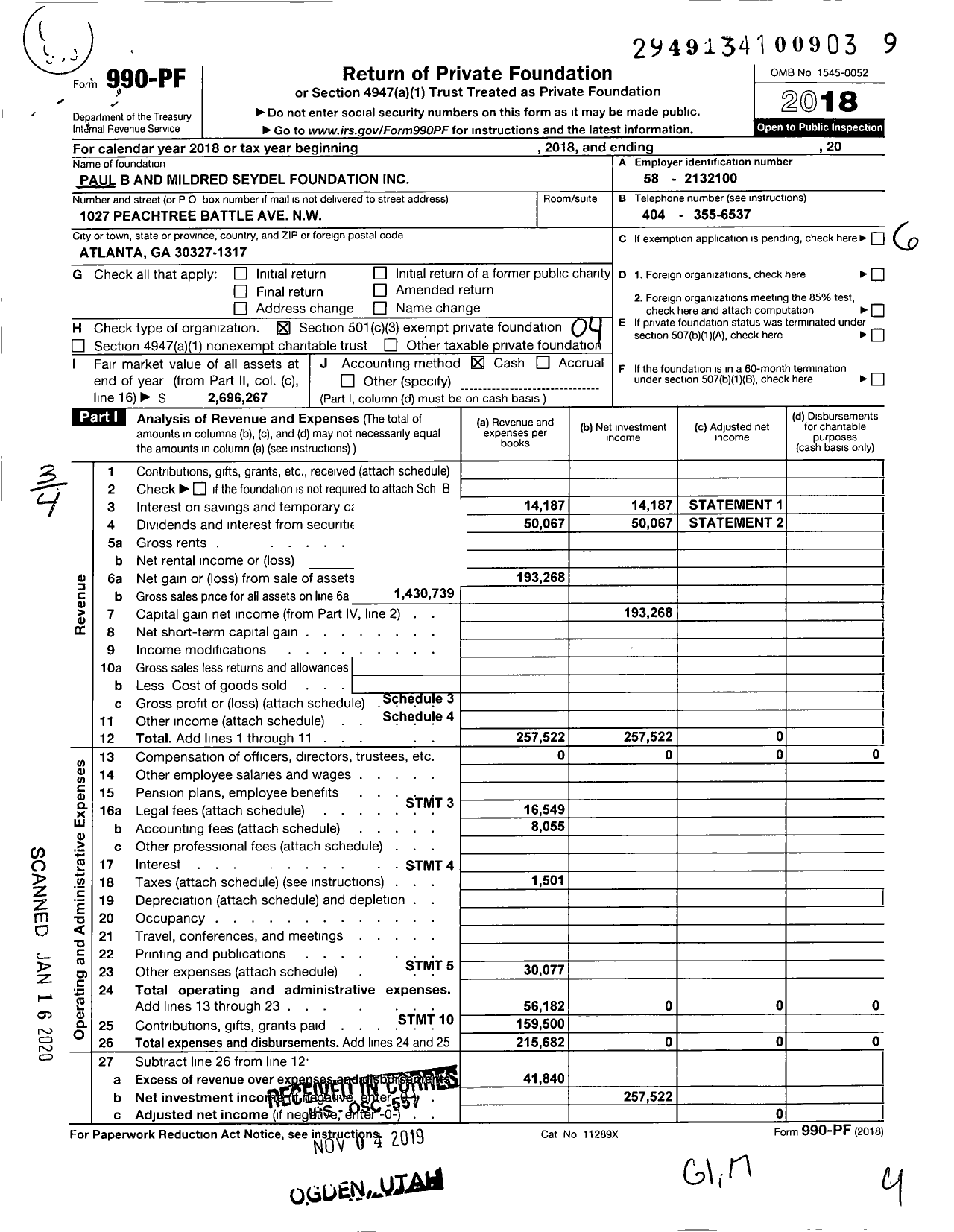 Image of first page of 2018 Form 990PF for Paul B and Mildred Seydel Foundation