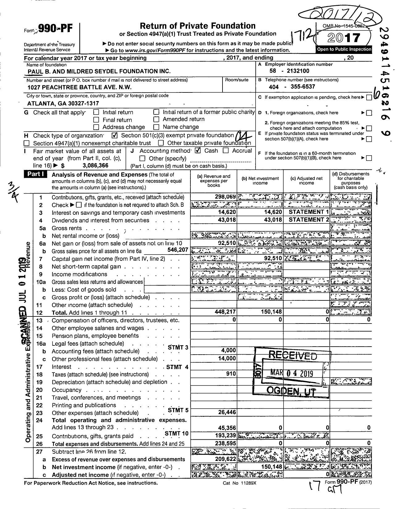 Image of first page of 2017 Form 990PF for Paul B and Mildred Seydel Foundation