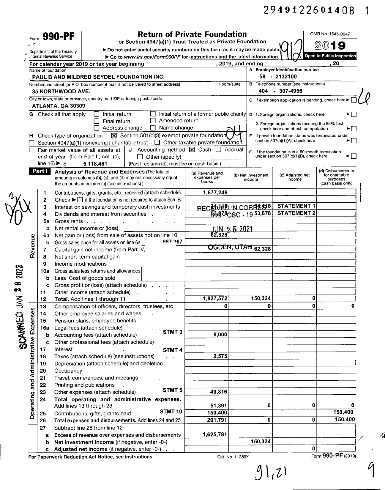 Image of first page of 2019 Form 990PF for Paul B and Mildred Seydel Foundation