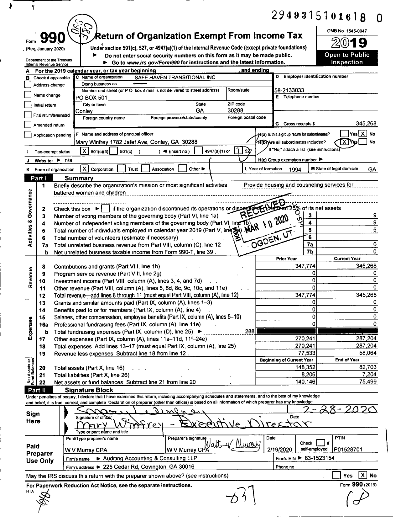 Image of first page of 2019 Form 990 for Safe Haven Transitional