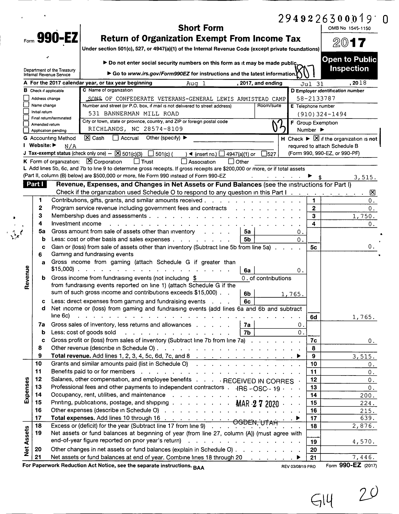 Image of first page of 2017 Form 990EZ for Sons of Confederate Veterans-General Lewis Armistead Camp