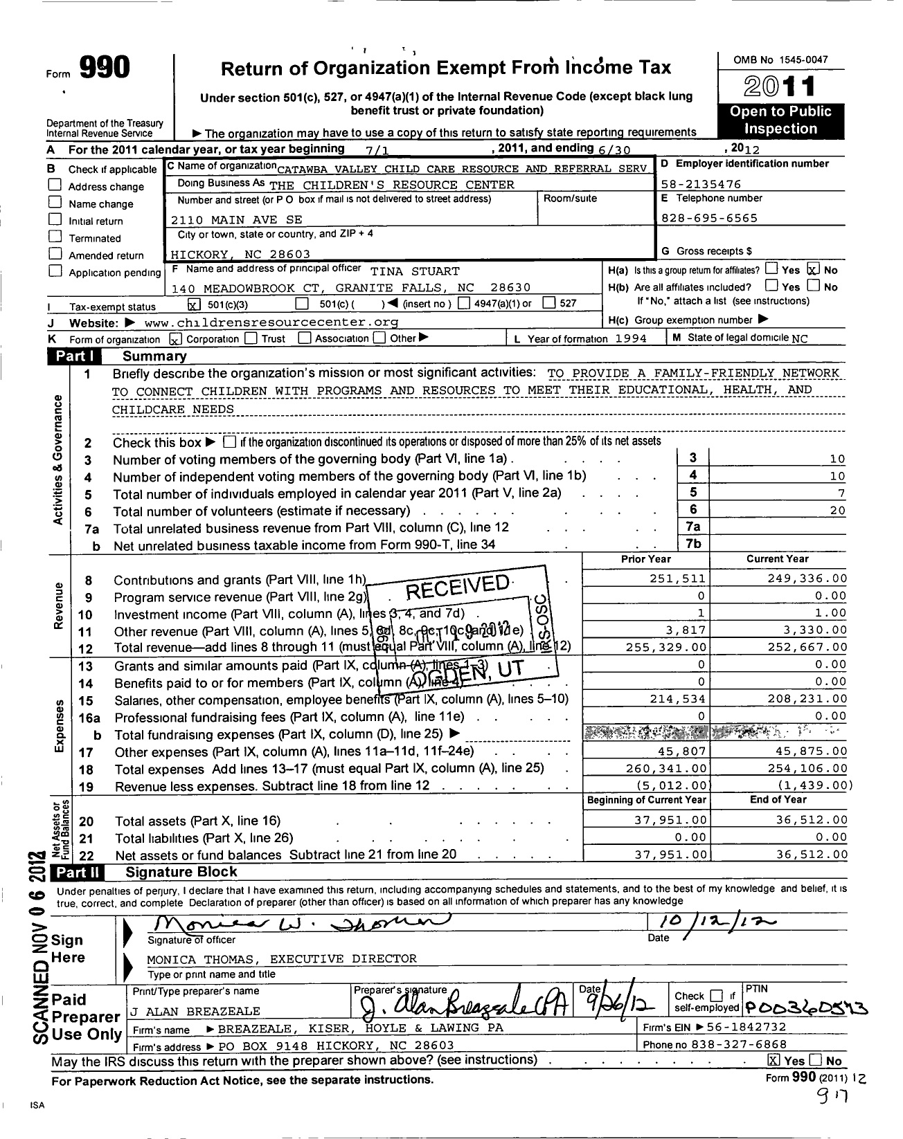 Image of first page of 2011 Form 990 for The Childrens Resource Center