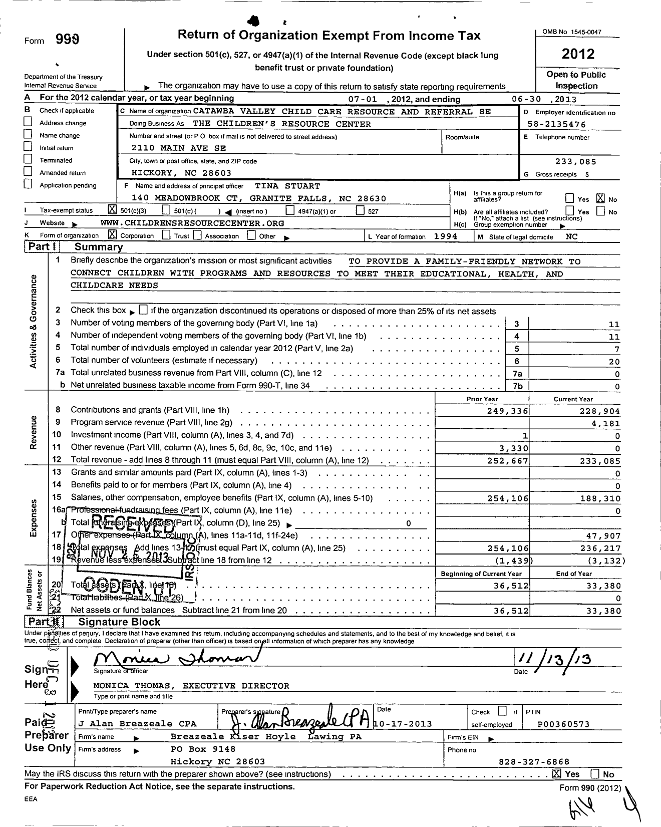 Image of first page of 2012 Form 990 for The Childrens Resource Center