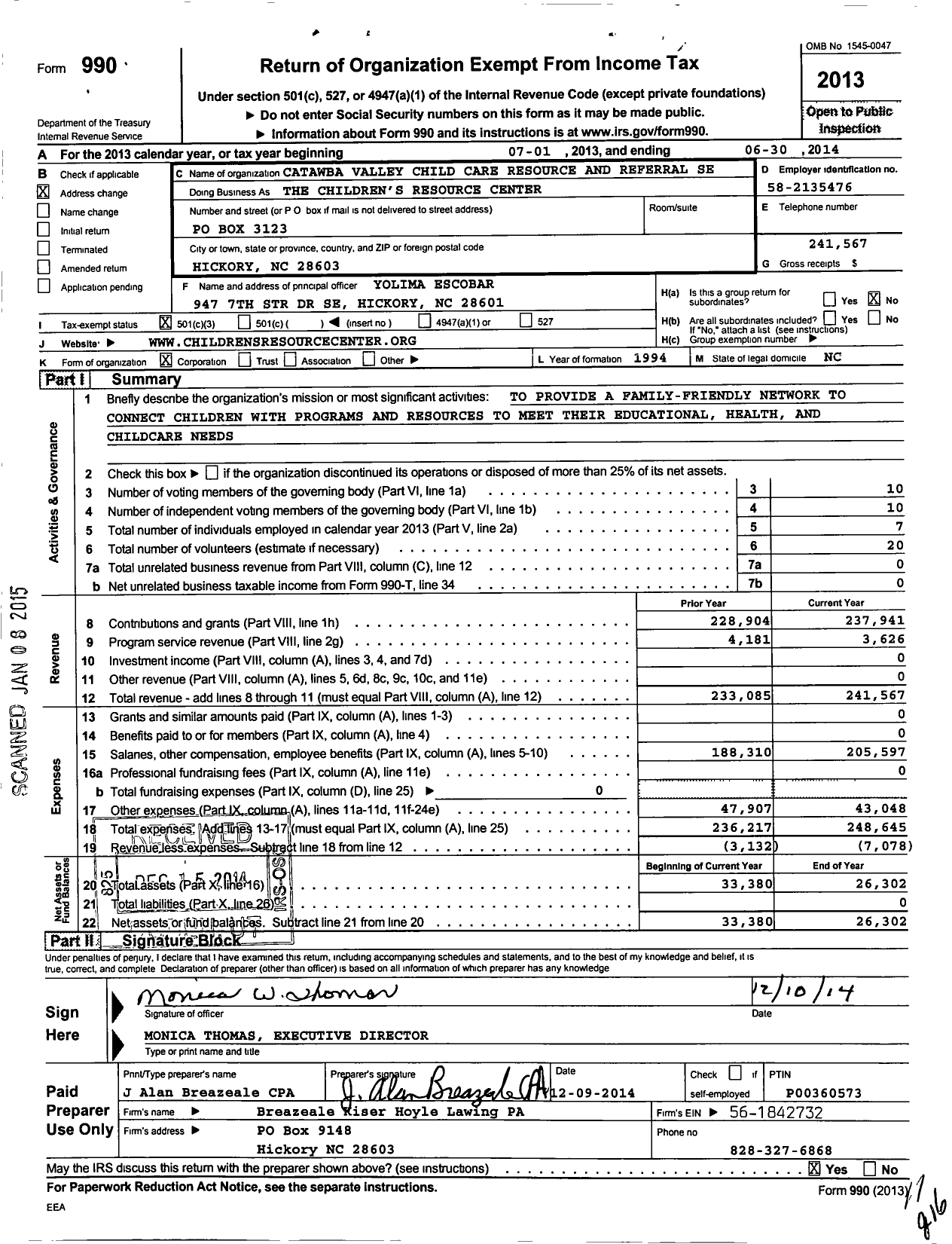 Image of first page of 2013 Form 990 for The Childrens Resource Center