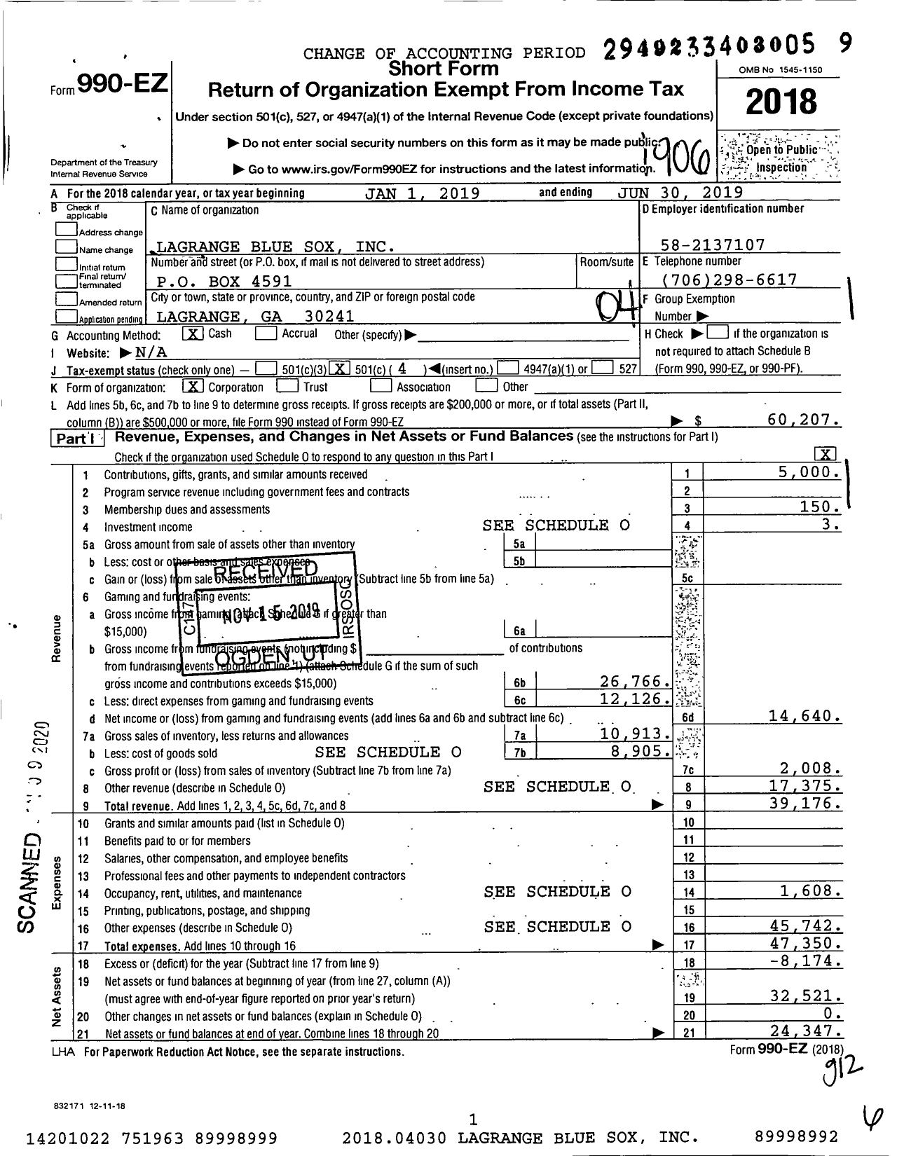 Image of first page of 2018 Form 990EO for Lagrange Blue Sox