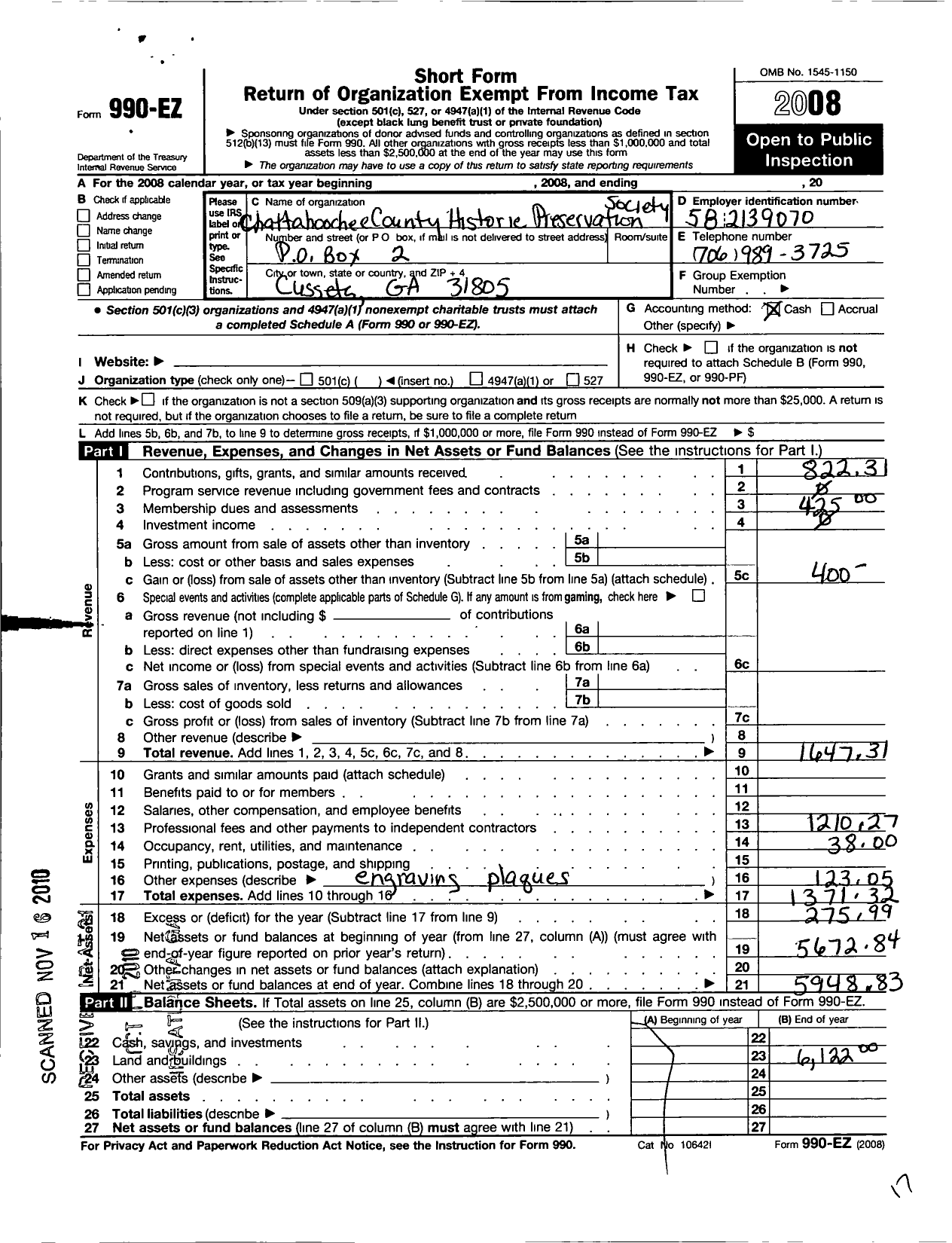 Image of first page of 2008 Form 990EO for Chattahoochee County Historic Preservation Society