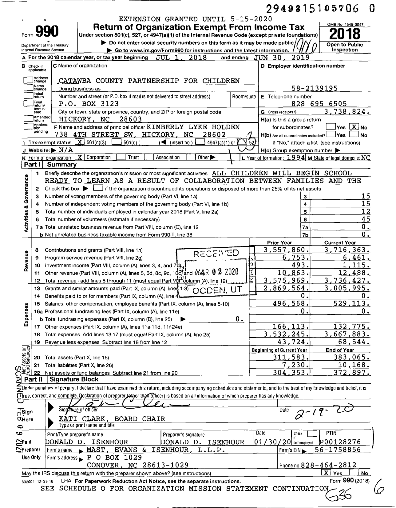 Image of first page of 2018 Form 990 for Catawba County Partnership for Children