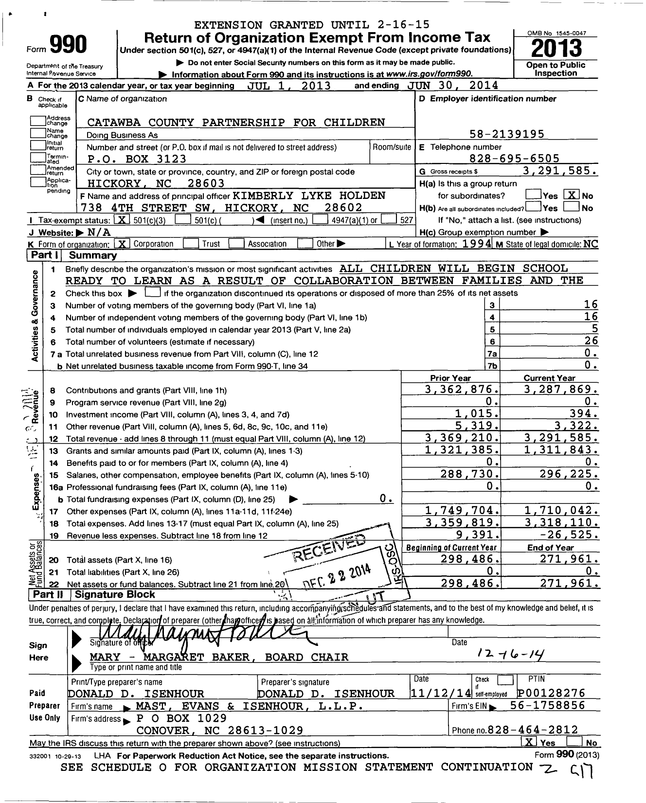 Image of first page of 2013 Form 990 for Catawba County Partnership for Children