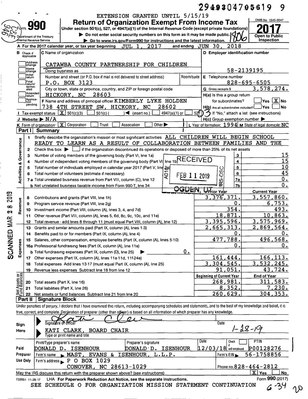 Image of first page of 2017 Form 990 for Catawba County Partnership for Children